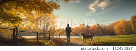AI-generated content. A man is walking a dog on a leash in a park. 112423827