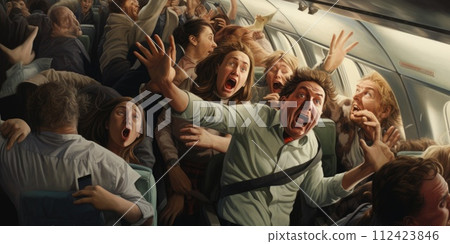 AI-generated content. A lively group of individuals on a train joyously raise their hands in celebration, creating a vibrant and energetic atmosphere. AI-generated content. A lively group of individuals on a train joyously raise their hands in celebration, creating a vibrant and energetic atmosphere. 112423846