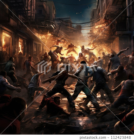 AI-generated content. A photo capturing a street fight with a group of people engaged in intense physical conflict. AI-generated content. A photo capturing a street fight with a group of people engaged in intense physical conflict. 112423848