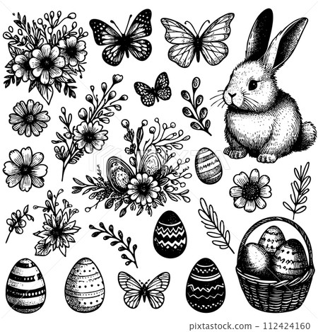 black and white drawing of a rabbit and flowers with a basket of eggs black and white drawing of a rabbit and flowers with a basket of eggs 112424160