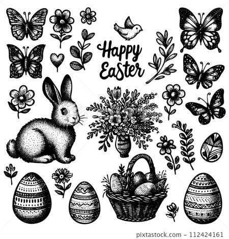 A black and white drawing Easter flowers, butterflies, and a rabbit 112424161