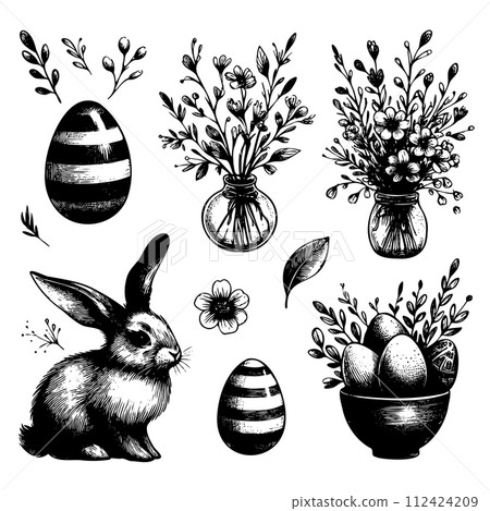 A set of black and white drawings of Easter flowers and a rabbit 112424209
