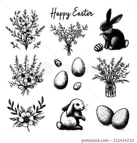A set of black and white drawings of Easter flowers, eggs, and rabbits A set of black and white drawings of Easter flowers, eggs, and rabbits 112424210
