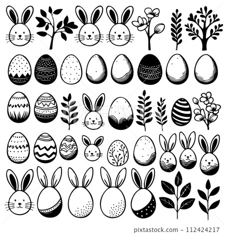 A collection black and white Easter eggs and rabbits 112424217