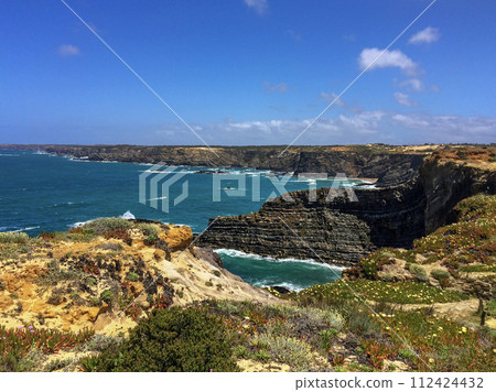 Bright day at a rugged coastline with varied vegetation, overlooking a vibrant blue sea under a clear sky. 112424432