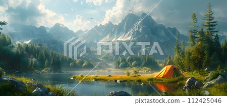 Beautiful campsite. Warm sunlight shine through the mountains onto green field. The lake and tranquil valley are visible in the background. We will experience an adventure amidst the beauty of nature. Beautiful campsite. Warm sunlight shine through the mountains onto green field. The lake and tranquil valley are visible in the background. We will experience an adventure amidst the beauty of nature. 112425046