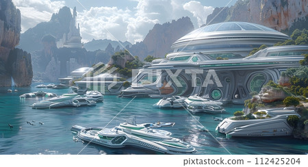 Imaginary illustration of a harbor full of futuristic ships, turquoise waters. In the background there were mountains and green trees in the distance. The sky is clear. There are some white clouds. 112425204