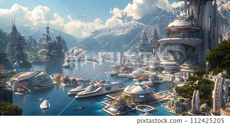 Imaginary illustration of a harbor full of futuristic ships, turquoise waters. In the background there were mountains and green trees in the distance. The sky is clear. There are some white clouds. 112425205