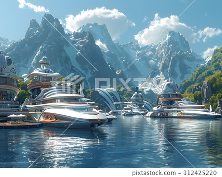 Imaginary illustration of a harbor full of futuristic ships, turquoise waters. In the background there were mountains and green trees in the distance. The sky is clear. There are some white clouds. 112425220