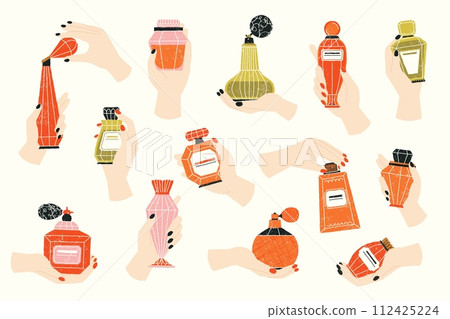 Hands hold perfume. Cartoon woman fingers with bottle of fragrance, female hand with spray and cologne cosmetic products. Vector set 112425224