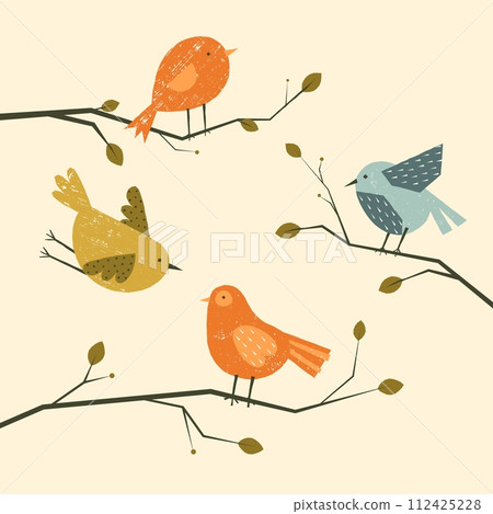 Cute birds on trees. Cartoon colorful spring and summer animals on branches with flowers, childish graphic design elements. Vector isolated set 112425228