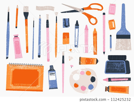 Painting tools and materials. Cartoon artist paintbrushes, pencils, tubes, palette and other painting equipment. Vector sketch kit isolated set 112425232