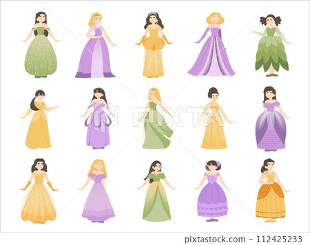 Cute princess character. Cartoon fairy tale medieval girls with different hair style and dress up costume, fantasy royalty. Vector isolated set 112425233