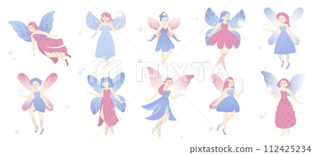 Cute tooth fairy. Cartoon girl with wings and magic wand, fairy tale character with tooth, oral health care for kids. Vector flat illustration 112425234