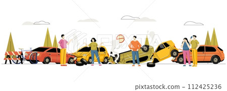 Car accident concept. Cartoon man driver calling for help after car crash, vehicle insurance service, road safety and traffic accident. Vector illustration Car accident concept. Cartoon man driver calling for help after car crash, vehicle insurance service, road safety and traffic accident. Vector illustration 112425236