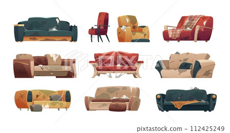 Dirty broken couches. Cartoon old torn sofa with spring damage and spider web, broken furniture for home and office. Vector isolated set Dirty broken couches. Cartoon old torn sofa with spring damage and spider web, broken furniture for home and office. Vector isolated set 112425249