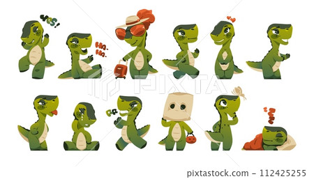 Cute dragon mascot. Funny prehistoric cartoon reptile characters with different emotions, adorable kawaii mythological fantasy creatures. Vector isolated set 112425255