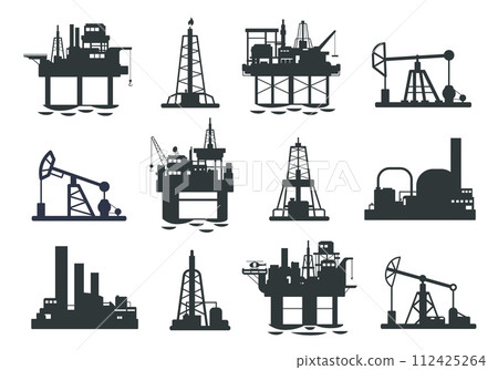 Oil platform silhouette. Offshore petroleum jack derrick tower, energy industry gas extraction plant, fuel production and transportation. Vector illustration 112425264