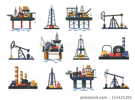 Oil well and rig. Petroleum industry oil pump tower and derrick drilling for crude oil, extraction and transportation of fuel and gas. Vector cartoon set 112425265