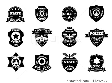 Police black symbol. Cop badge with shield and sheriff star, law enforcement officer patch insignia. Vector federal police department emblem collection Police black symbol. Cop badge with shield and sheriff star, law enforcement officer patch insignia. Vector federal police department emblem collection 112425270