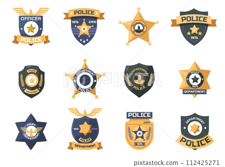 Police badge. Policeman officer sheriff emblems with star and shield, security protection insignia flat style. Vector isolated set 112425271