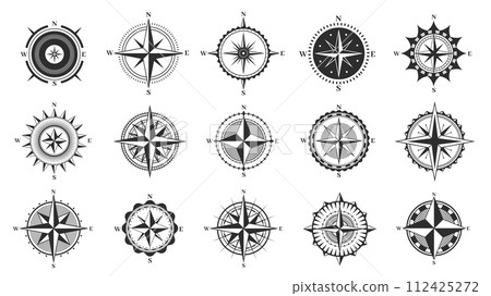 Compass sign. Navigation and direction icons, cartography and topography symbols, nautical and marine instruments, north south east west. Vector set 112425272