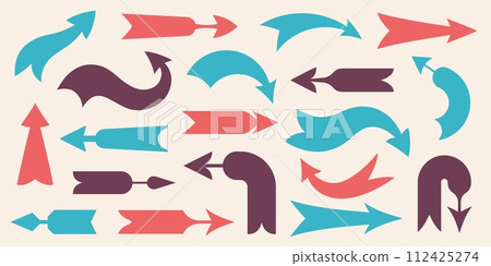 Vintage direction arrows. Retro navigation icons, old simple cursor banner, retro target and navigation pictograms. Vector isolated set 112425274