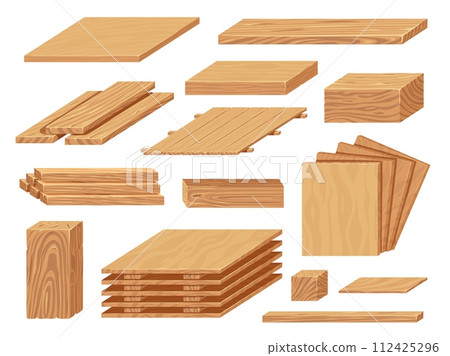Cartoon plywood. Wood board and sheet for construction and furniture, natural timber material for carpentry industry. Vector isolated set 112425296