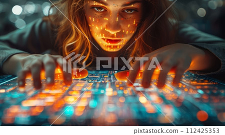 Human lady touching big data. Big data and information technology concept Human lady touching big data. Big data and information technology concept 112425353