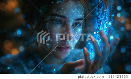 A girl connecting with big data waves. Big data and technology concept 112425363