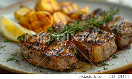 Close up of grilled steak. Western food concept. 112425434