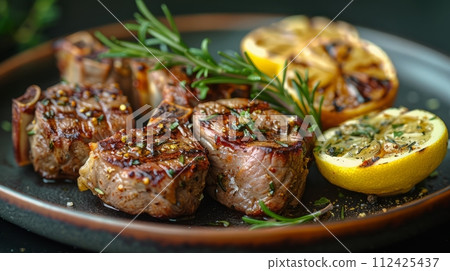 Close up of grilled steak. Western food concept. 112425437