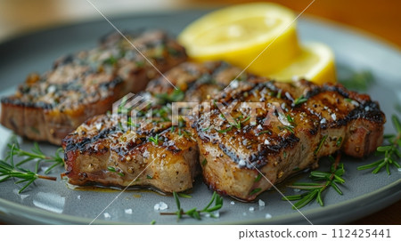 Close up of grilled steak perfect for food advertisement or opening. Close up of grilled steak perfect for food advertisement or opening. 112425441
