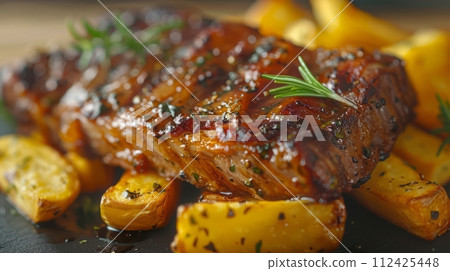 Close up of grilled steak perfect for food advertisement or opening. 112425448