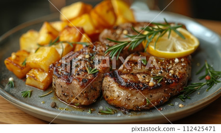 Close up of delicious grilled steak. Western food concept. Close up of delicious grilled steak. Western food concept. 112425471