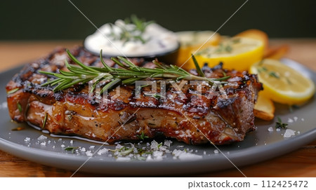 Close up of delicious grilled steak. Western food concept. Close up of delicious grilled steak. Western food concept. 112425472