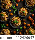 Top view of food pasta set. AI generated. 112426047