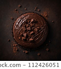 Top view of a chocolate cake on a brown table. AI generated. 112426051