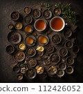 Top view of many different types of tea in cups and bowls. AI generated. 112426052