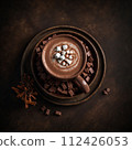 Top view of hot cocoa with chocolate on a dark background. AI generated. 112426053