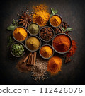 Various spices and herbs on black background. AI generated. 112426076