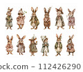 AI-generated content. Set with vintage wearing rabbits in watercolor. Cute easter bunny in sepia pastel colors isolated on white. 112426290