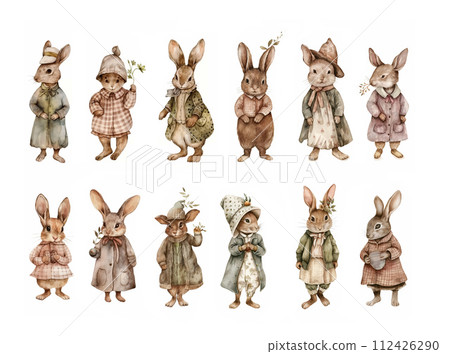 AI-generated content. Set with vintage wearing rabbits in watercolor. Cute easter bunny in sepia pastel colors isolated on white. AI-generated content. Set with vintage wearing rabbits in watercolor. Cute easter bunny in sepia pastel colors isolated on white. 112426290