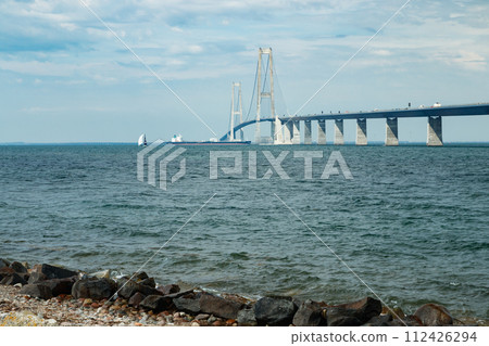 The great belt bridge, Storebelt in Denmark, connecting Zealand with Funen. The great belt bridge, Storebelt in Denmark, connecting Zealand with Funen. 112426294