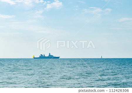 Silhouette of Danish military ship in Baltic sea near Korsor, Denmark Silhouette of Danish military ship in Baltic sea near Korsor, Denmark 112426306