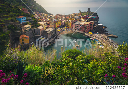 Vernazza view from the flowery garden, Cinque Terre, Italy 112426517