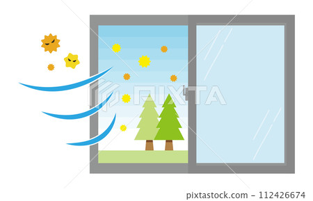 Illustration of pollen coming in when the window is opened for ventilation 112426674