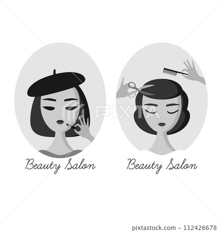 Two grayscale banners with women getting their make up and hair done Two grayscale banners with women getting their make up and hair done 112426678