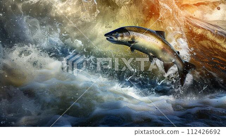 salmon jumping in the river 112426692