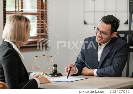 Business and Male lawyers or judge consult having team meetings with clients, Law, and Legal services concept. Customer service good cooperation in office. 112427051
